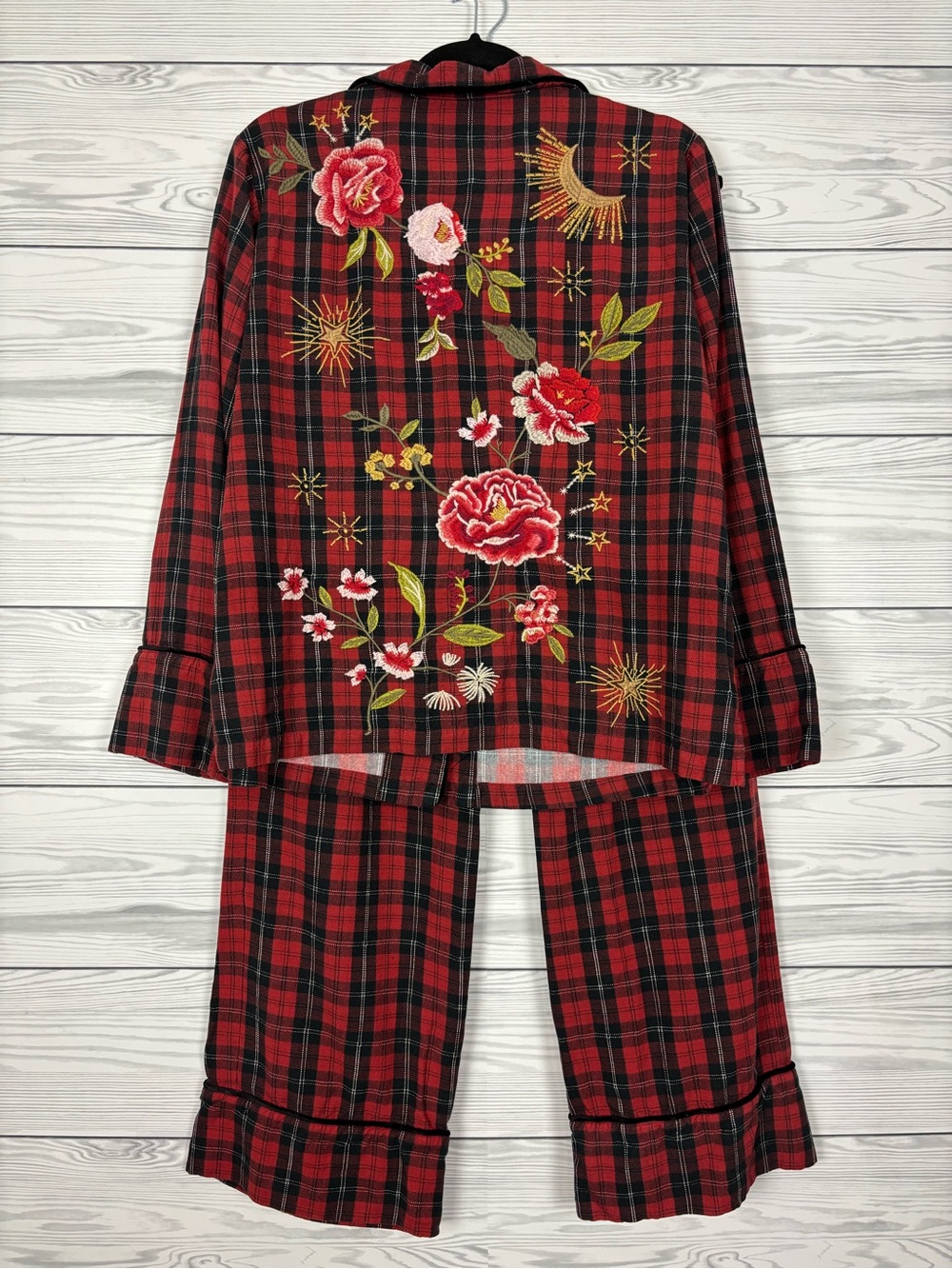 Johnny Was The Zariah long PJ set pajamas size large red plaid floral embroidery - Picture 2 of 15
